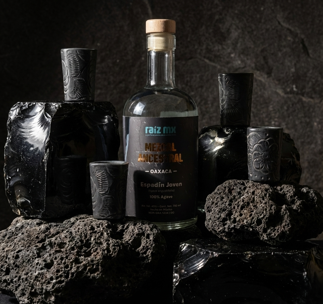 Ritual de Barro Artesanal: Mezcal Ancestral y 4 Caballitos Cuadrados Decorados a Mano - Envío Incluido
