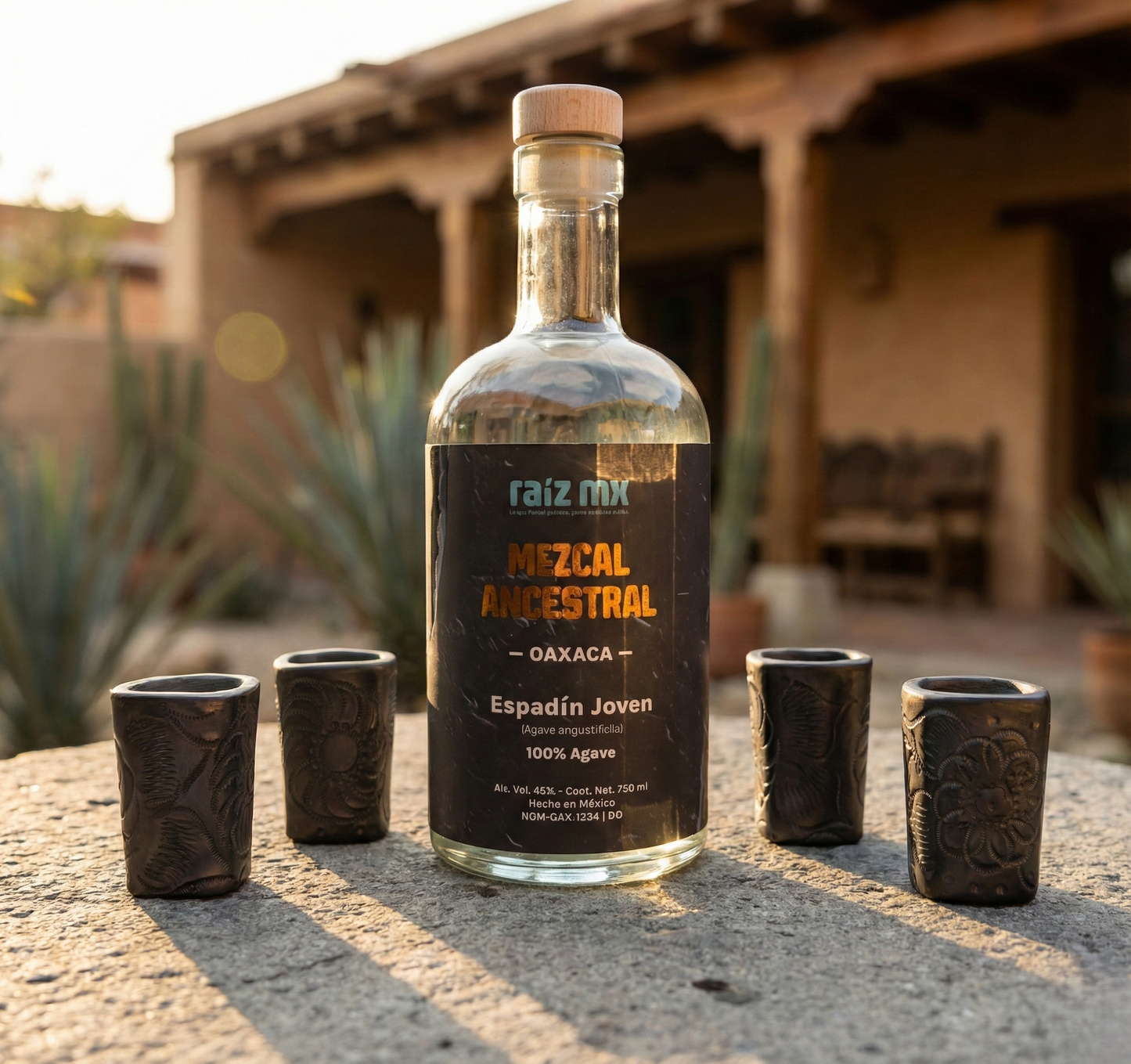 Ritual de Barro Artesanal: Mezcal Ancestral y 4 Caballitos Cuadrados Decorados a Mano - Envío Incluido