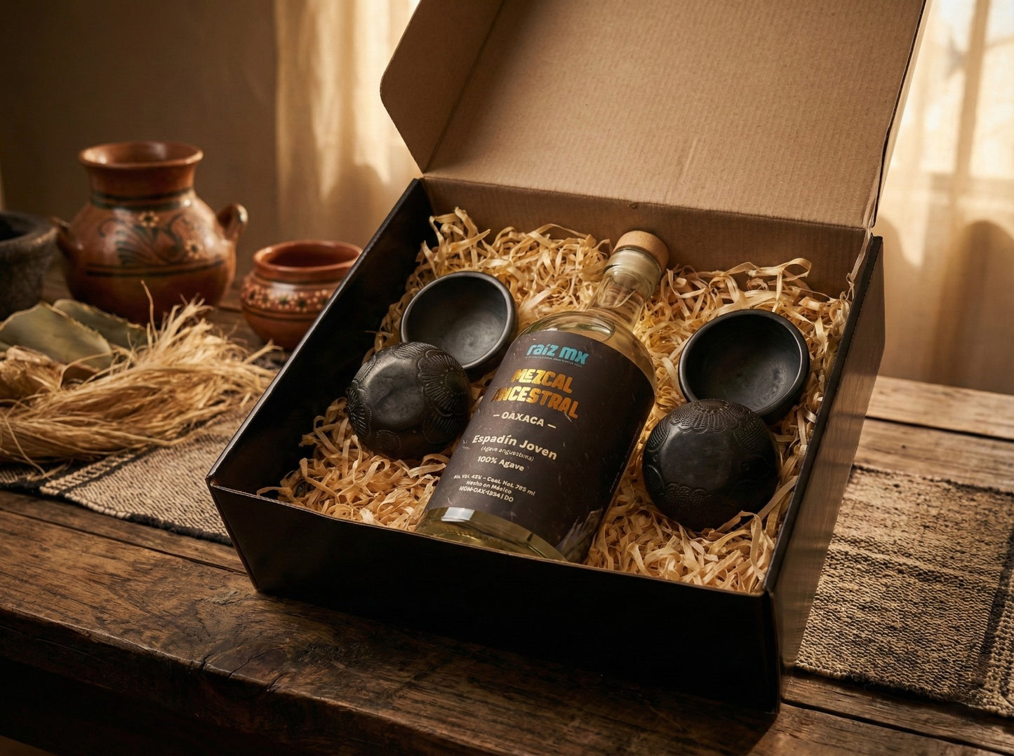 Ritual de Barro Artesanal: Mezcal Ancestral y 4 Jícaras Mezcaleras Decorados a Mano - Envío Incluido