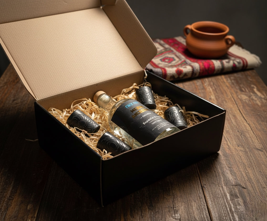 Ritual de Barro Artesanal: Mezcal Ancestral y 4 Caballitos Redondos Decorados a Mano - Envío Incluido