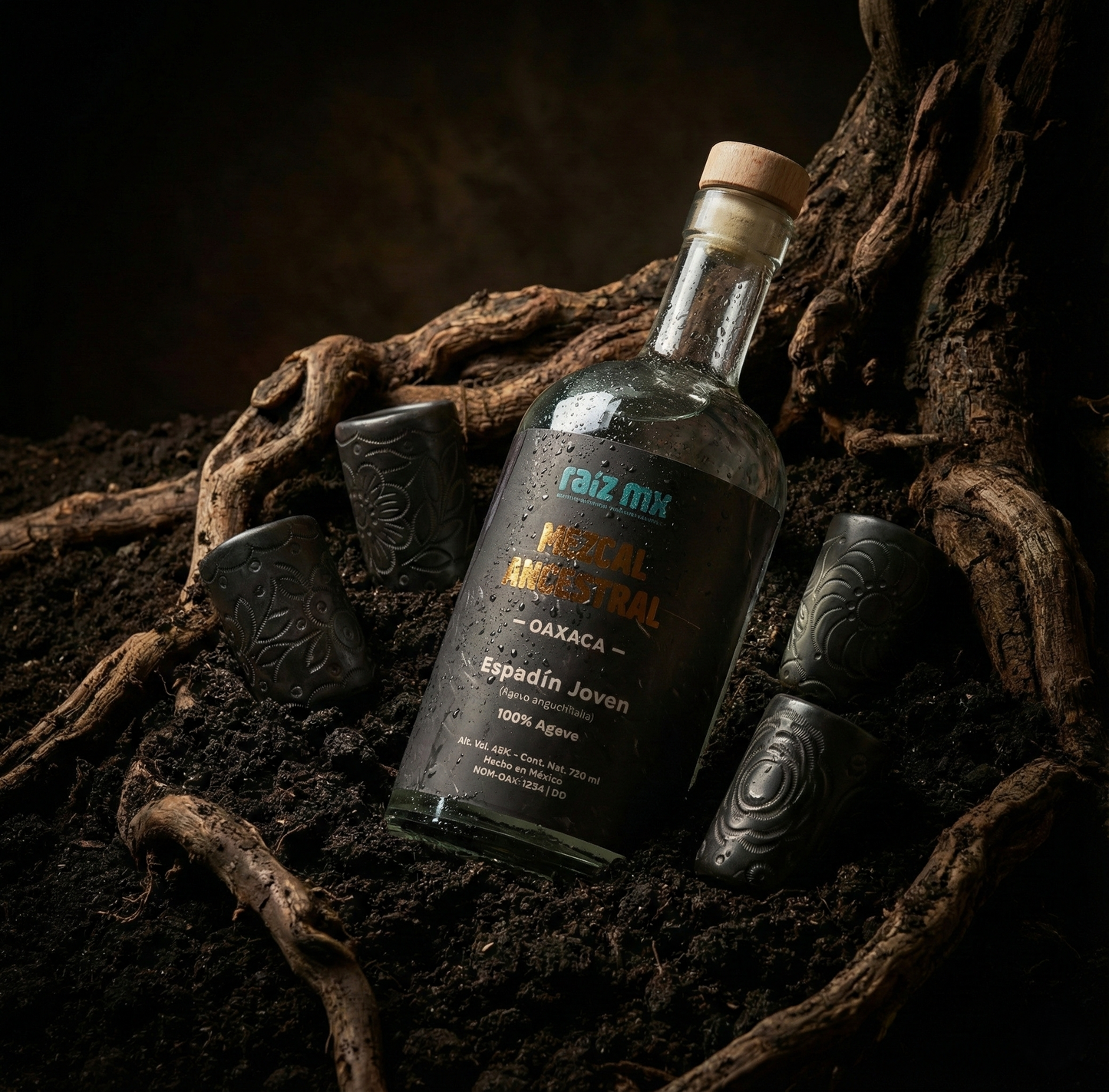 Ritual de Barro Artesanal: Mezcal Ancestral y 4 Caballitos Redondos Decorados a Mano - Envío Incluido
