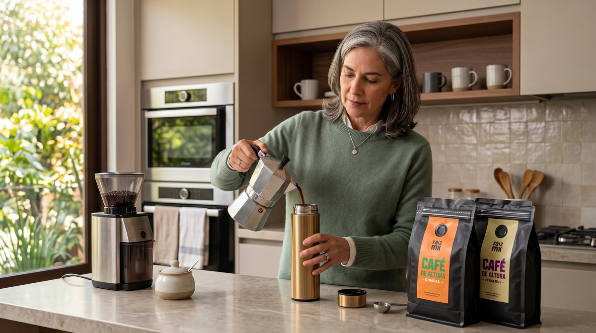 Dúo de café Veracruz y Chiapas con termo digital dorado