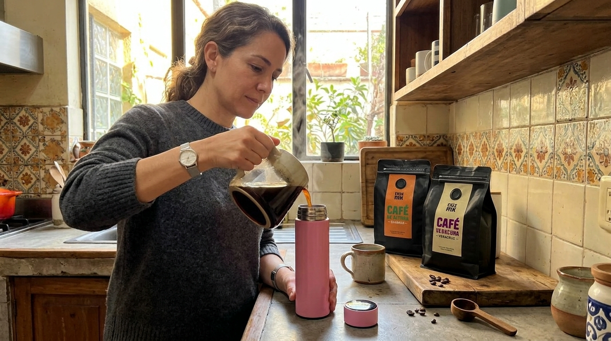 Dúo de café Veracruz y Chiapas con termo digital rosa