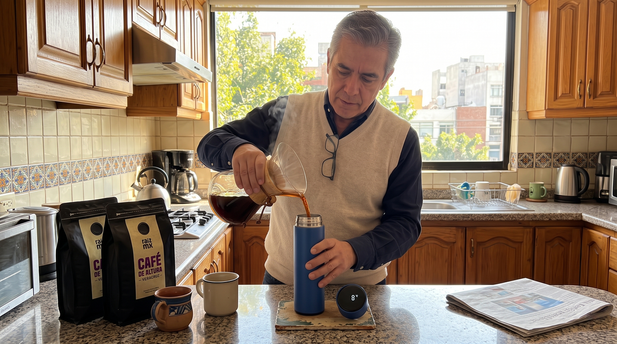 Dúo de café Veracruz y Chiapas con termo digital azul